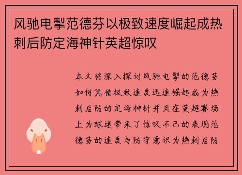 风驰电掣范德芬以极致速度崛起成热刺后防定海神针英超惊叹